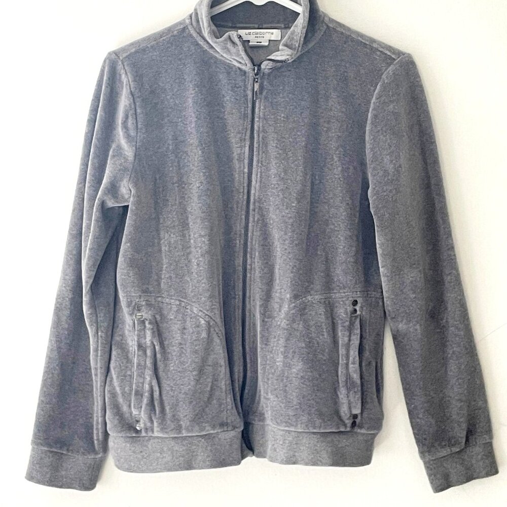 Liz Claiborne Gray Full Zip Activewear Velour Long Sleeve Pullover Petite Medium